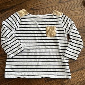 Velveteen Striped tee with Gold Shoulder and Pocket Detail